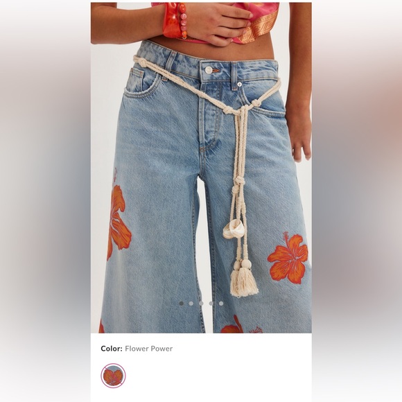 Free People Blue Flare Jeans with Orange Floral Design🌟 - Picture 4 of 10
